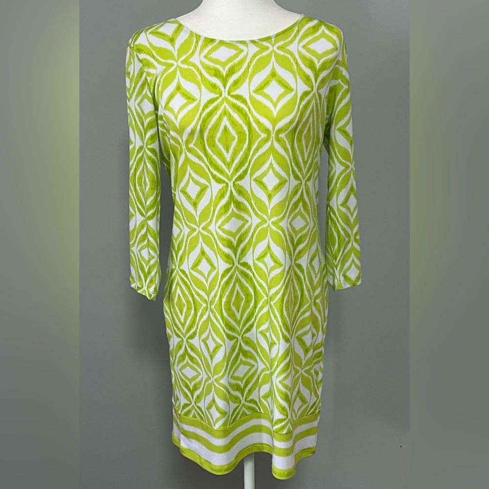 MICHAEL Michael Kors Geometric 3/4 Sleeve‎ Dress Lime Green & White Size M